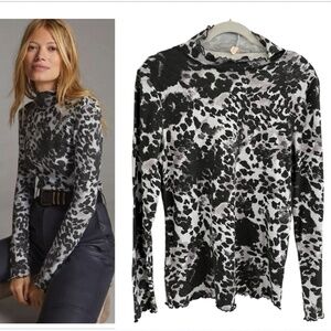 Anthropologie Pilcro Ruffled Turtleneck Leopard Print Long Sleeve Top Sz XL